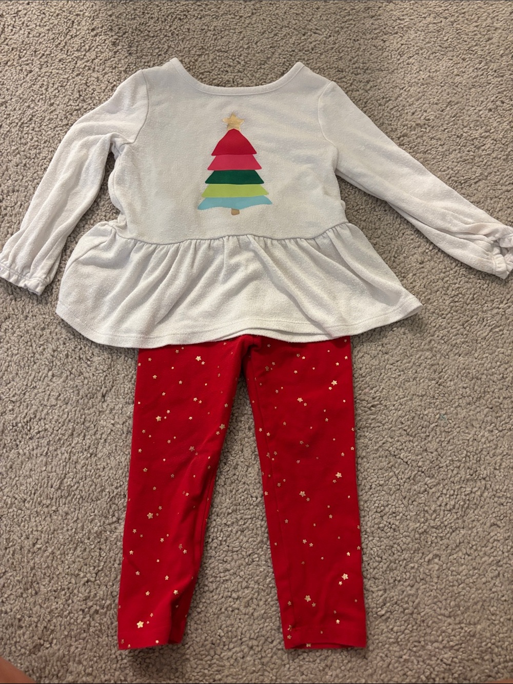 Cat & Jack White Peplum Top with Multicolor Tree and Red Star Leggings